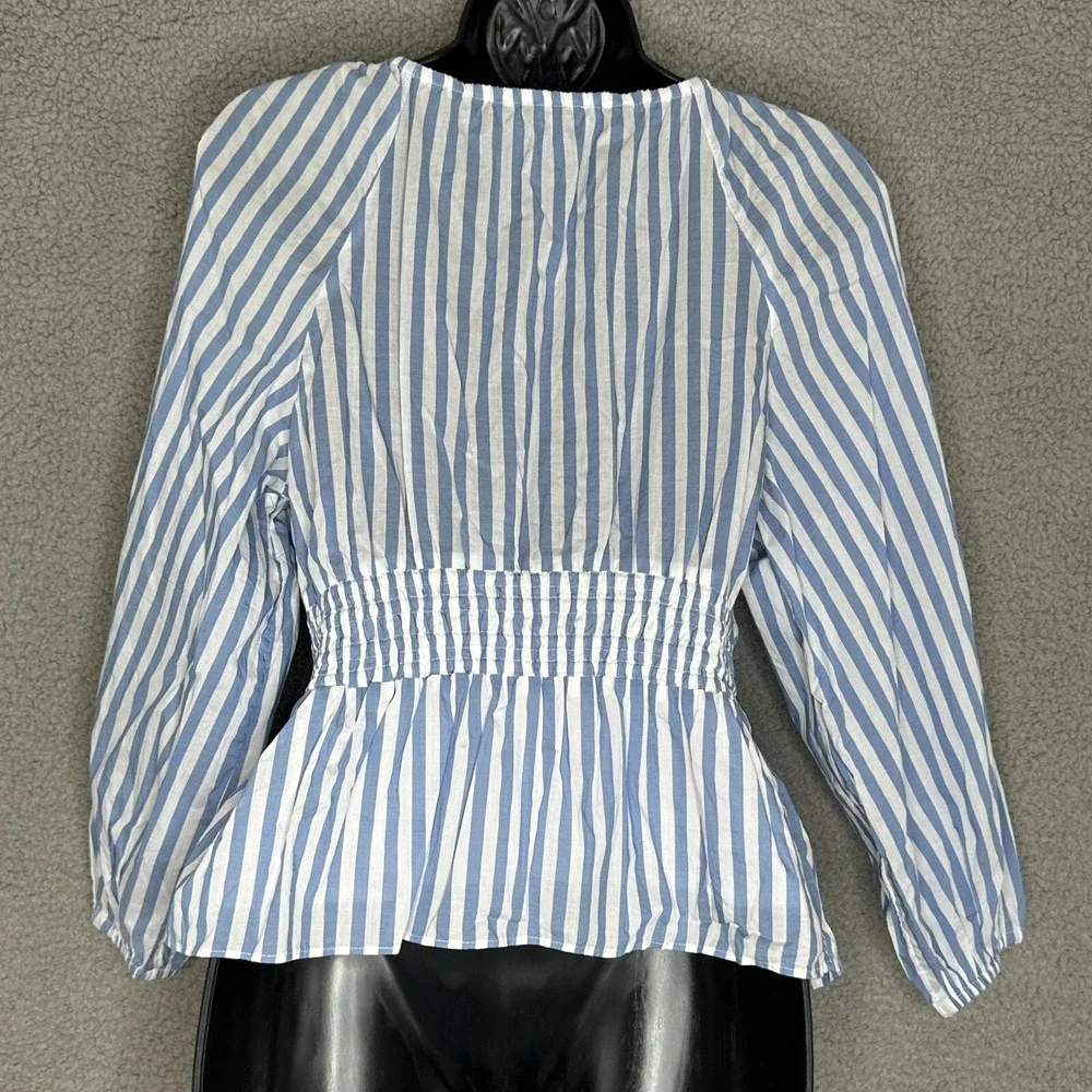 J.Crew Womens Blue White Stripe Babydoll Blouse XS Long Slv Smocked Waist Cotton - Picture 3 of 12